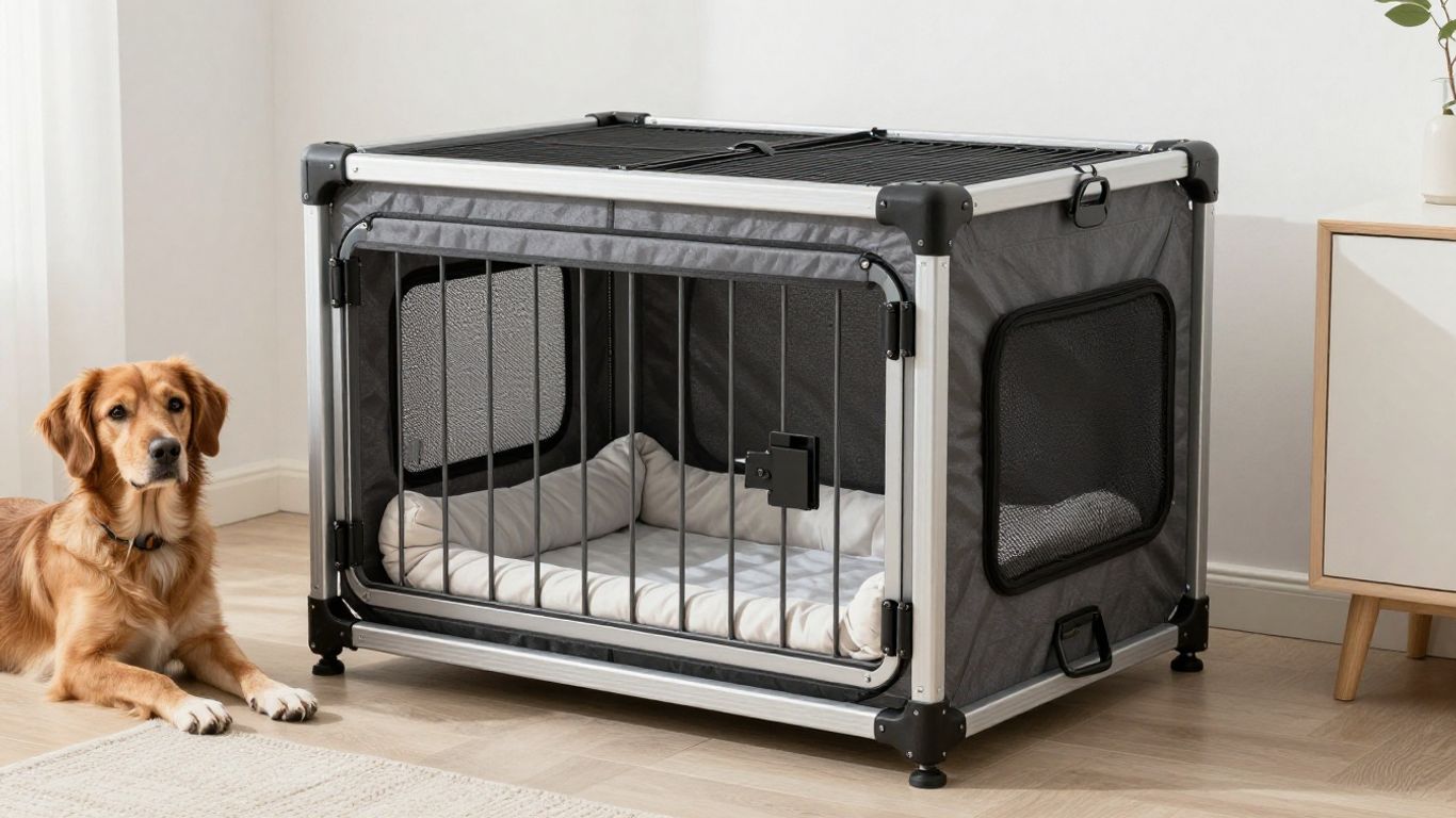 Dog crate details with washable flooring