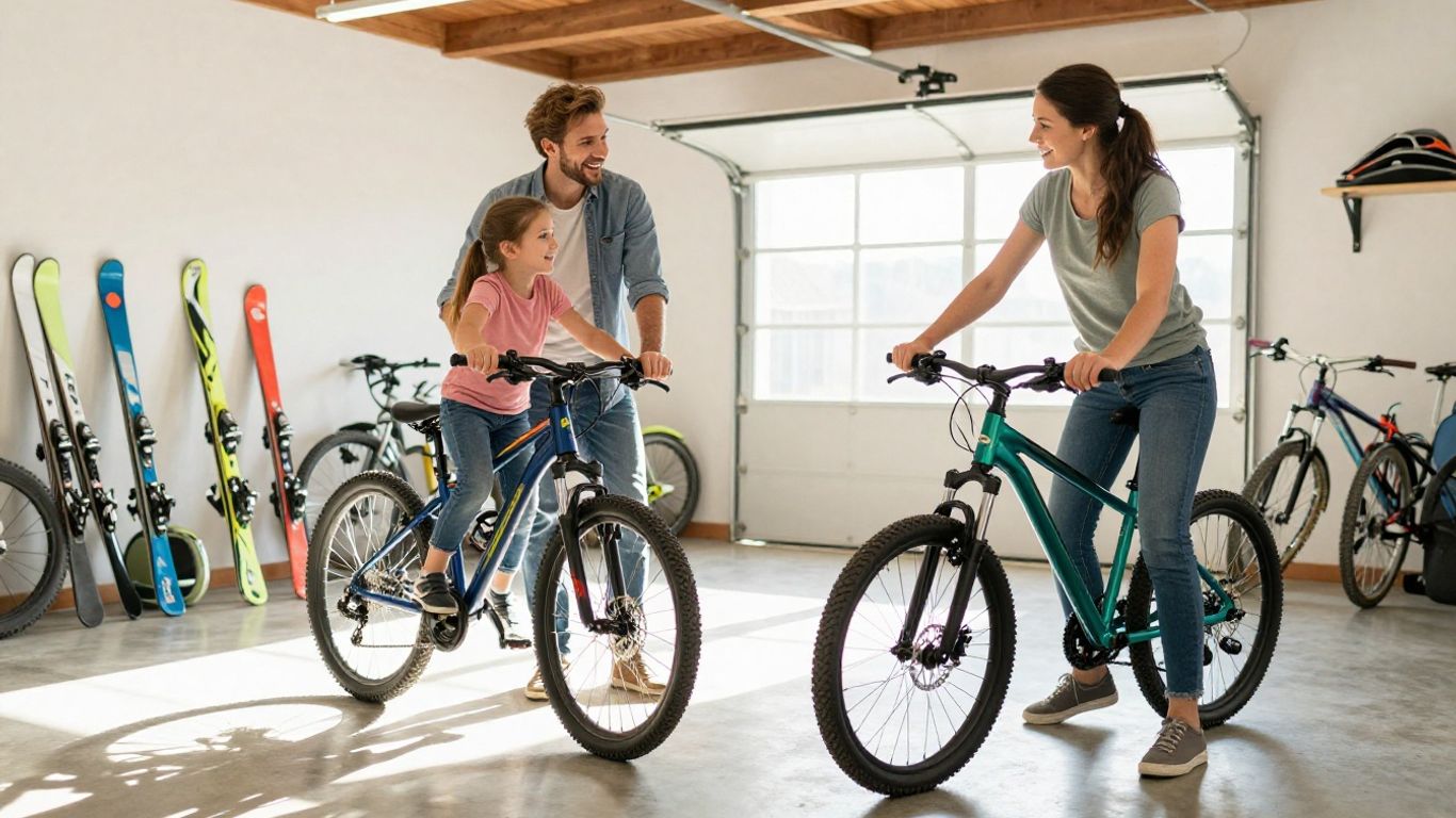 Familia feliz comprando equipo deportivo de segunda mano.