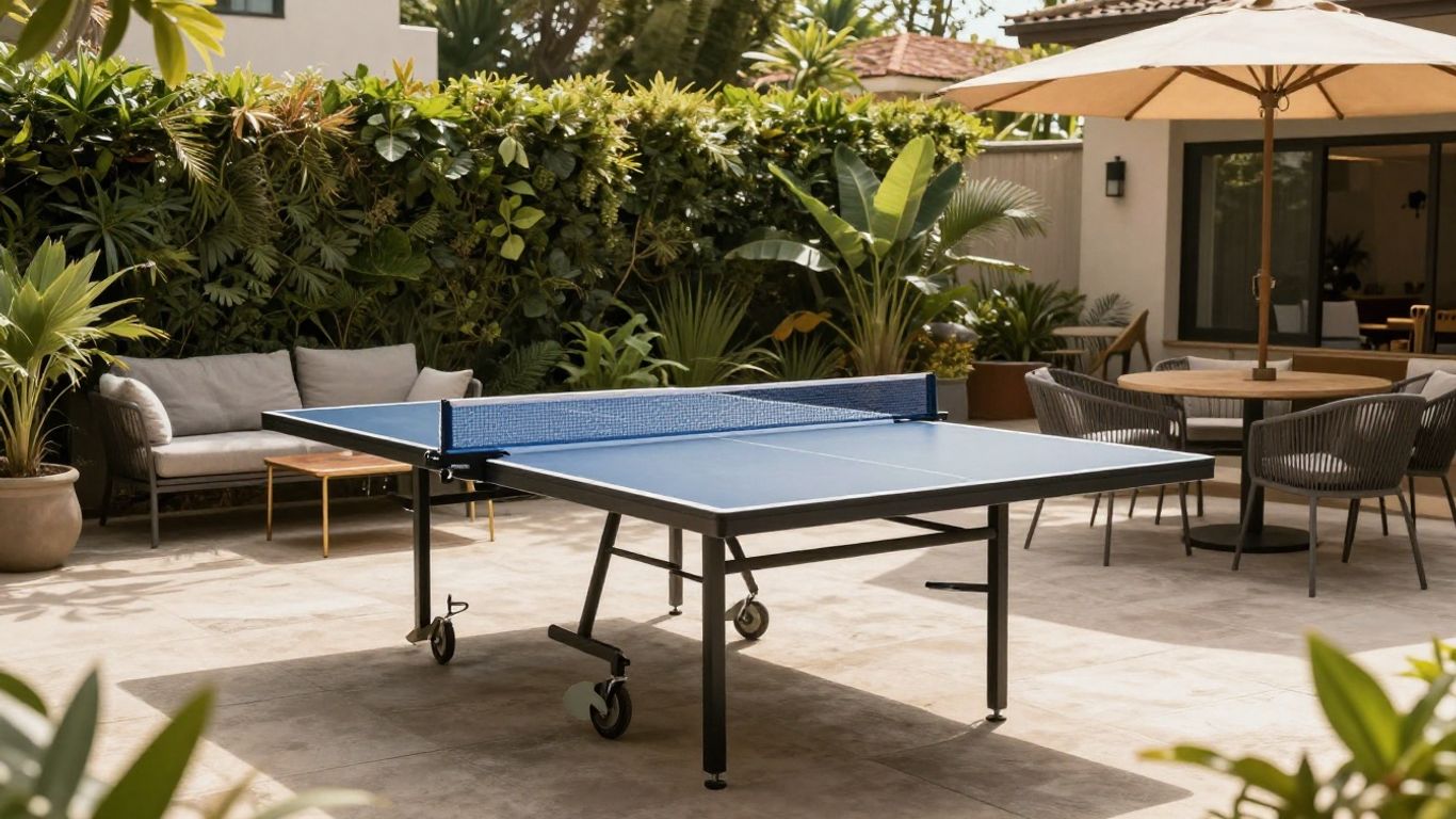 Ping pong table on Airbnb patio with seating and greenery.