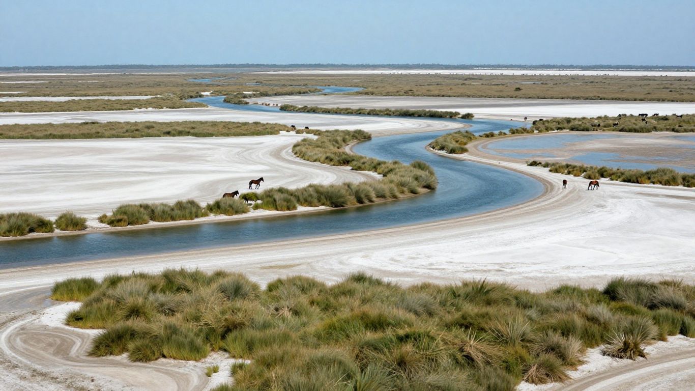 Aerial view of Camargue wetlands and lagoons