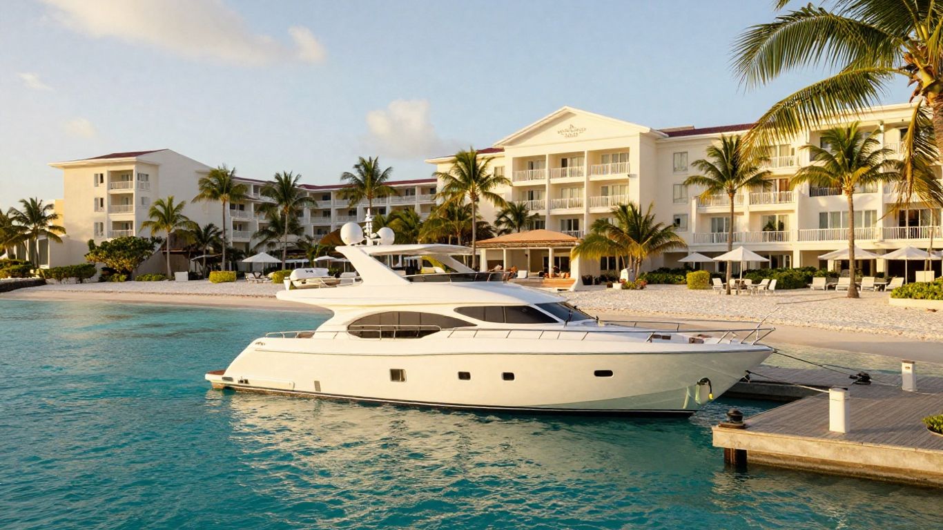 Luxury yacht at Caribbean resort with turquoise waters.