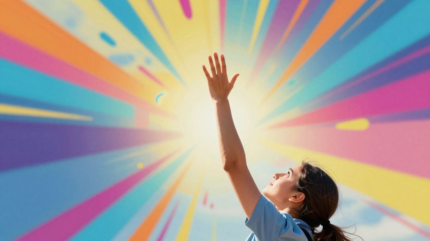 Person reaching upwards with abstract growth elements.