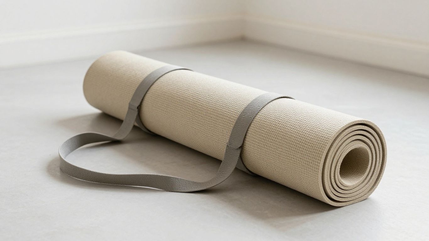 Rolled yoga mat with strap beside a travel bag