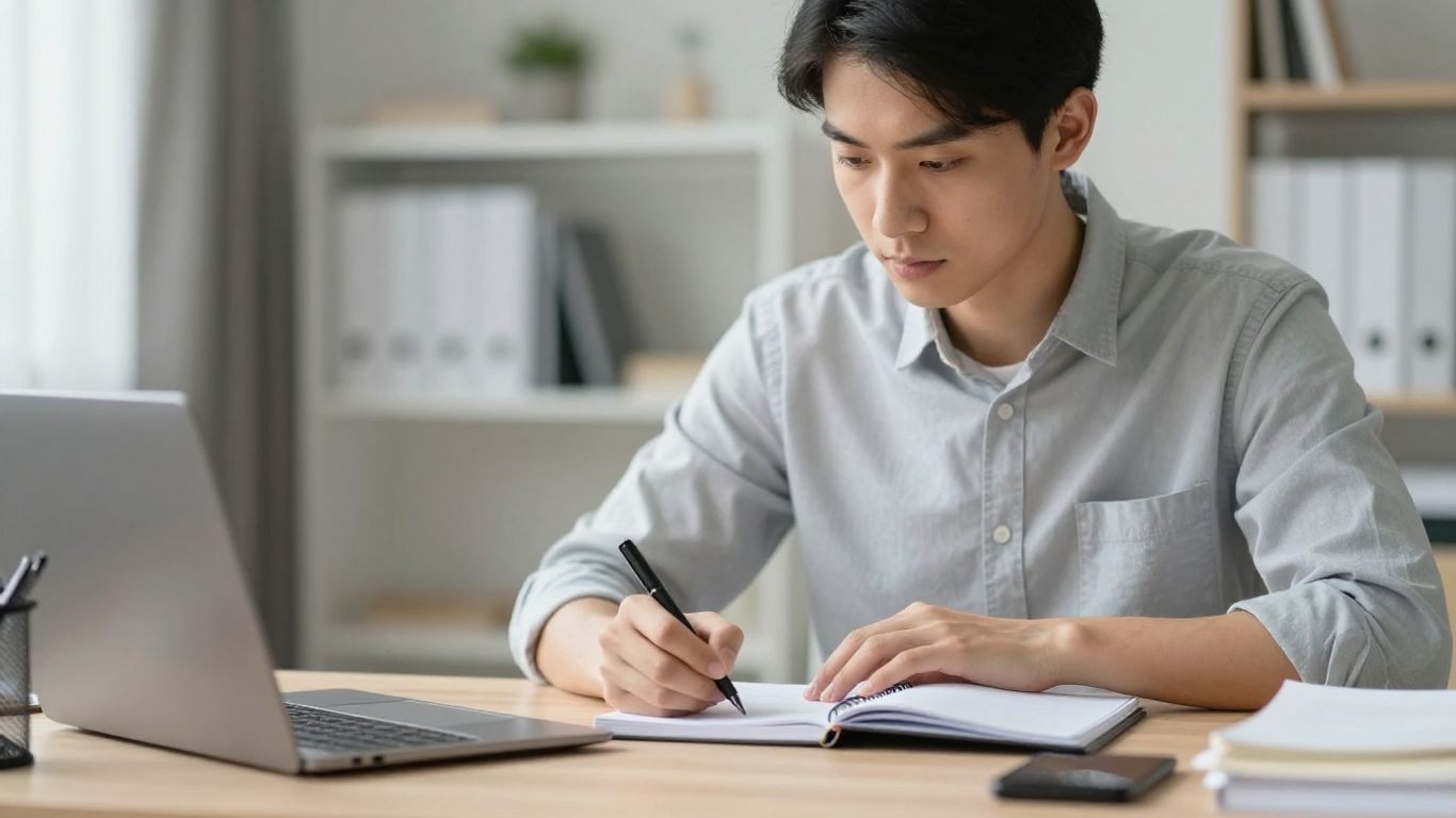 Person concentrating at a clean, organized desk.