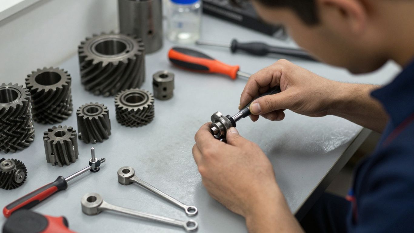 A technician inspecting internal transmission gears