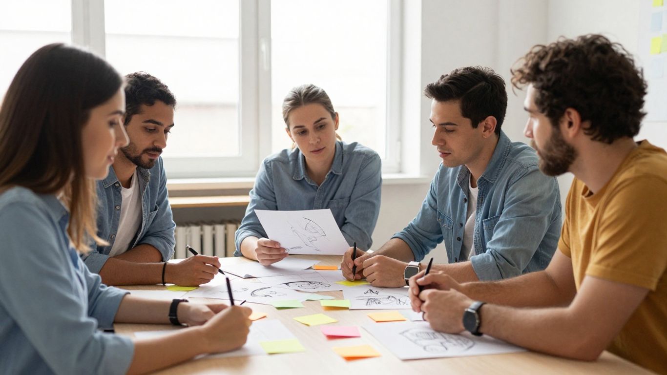 Innovation management best practices. Team brainstorming innovative ideas for sustainable growth.