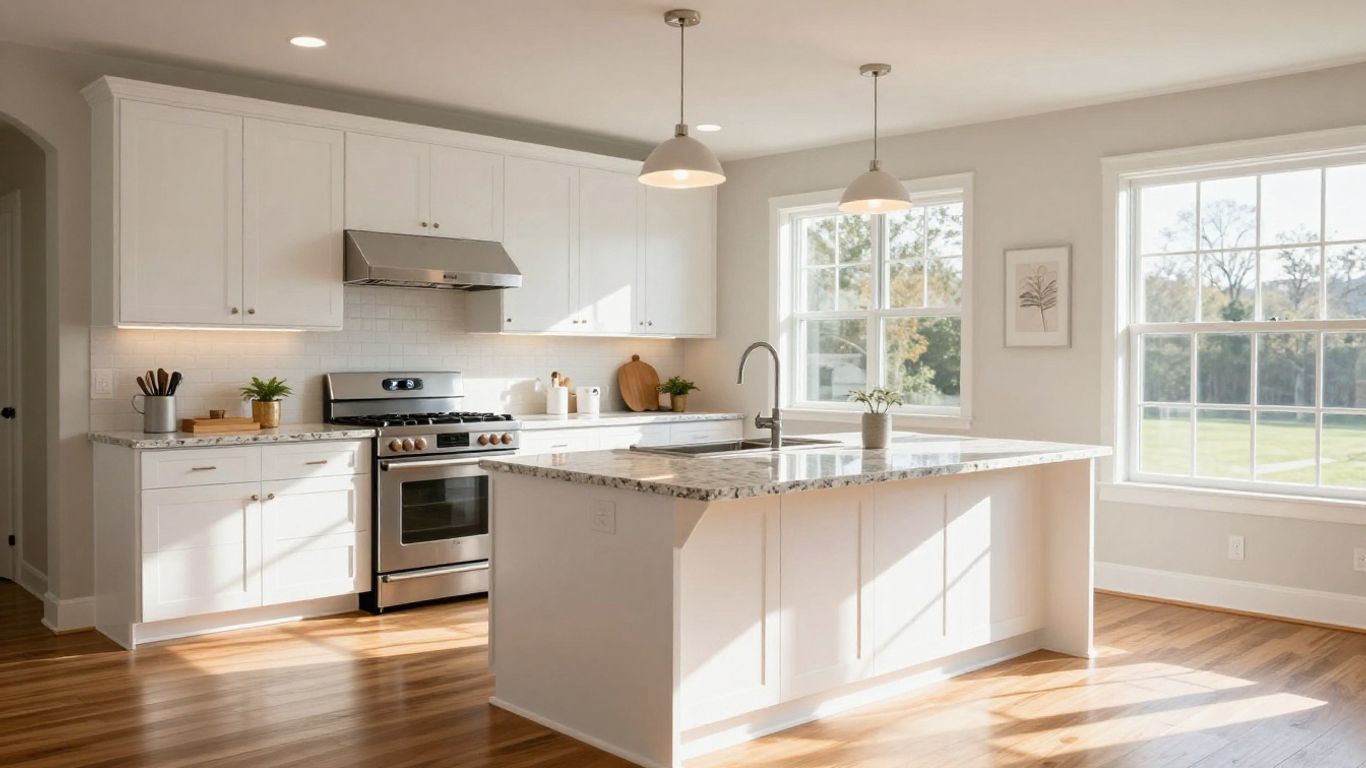 Modern kitchen remodel with white cabinets and island.