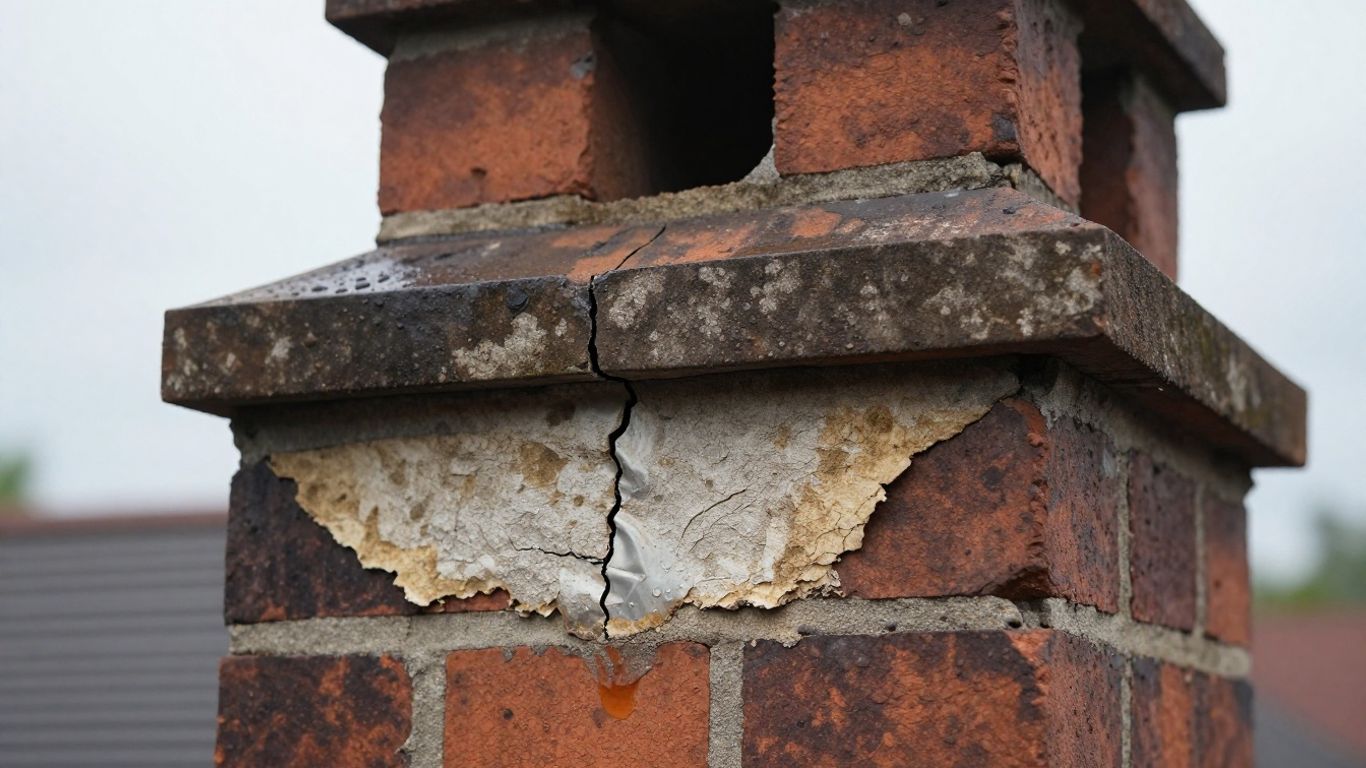 Damaged chimney flashing and mortar with water droplets.