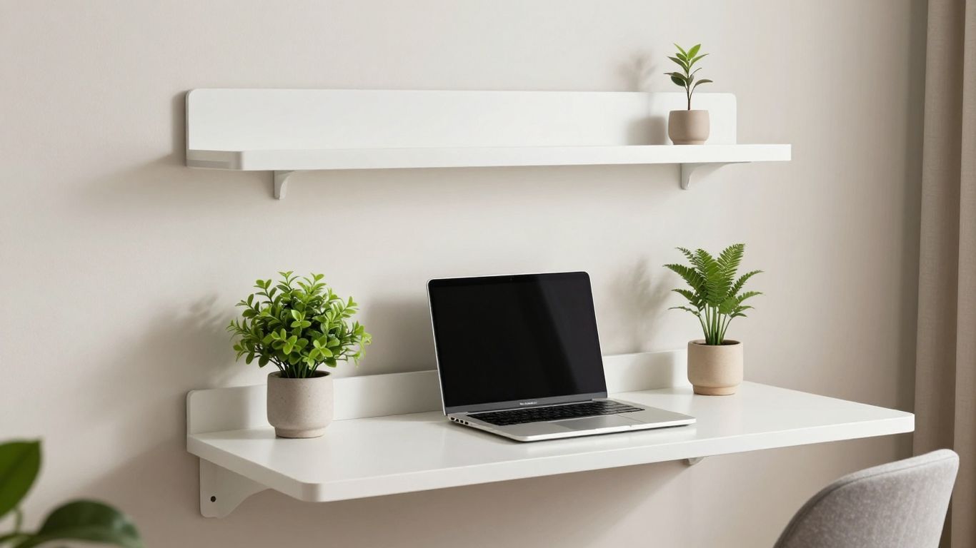 Minimalist floating desk shelf with laptop and plant.