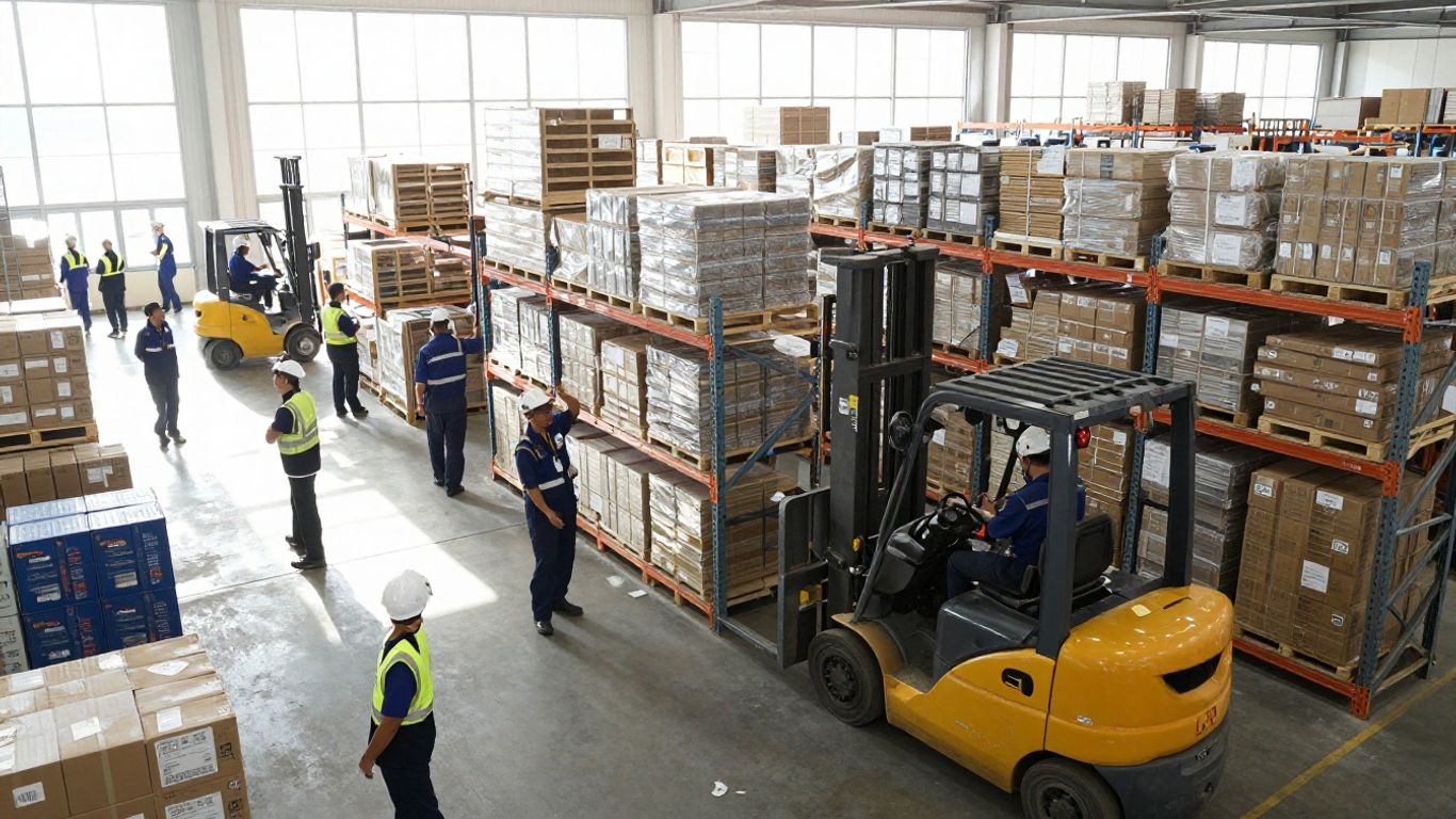 Distribution center operations with teams and forklifts.