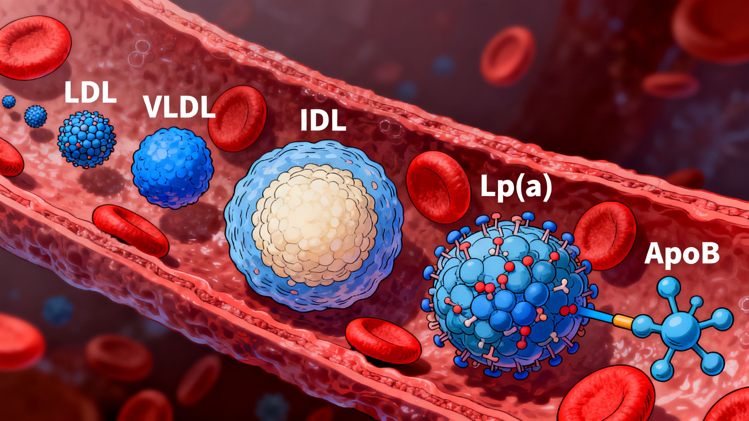Medical illustration showing ApoB as a marker on LDL, VLDL, IDL, and Lp(a) particles circulating in the bloodstream
