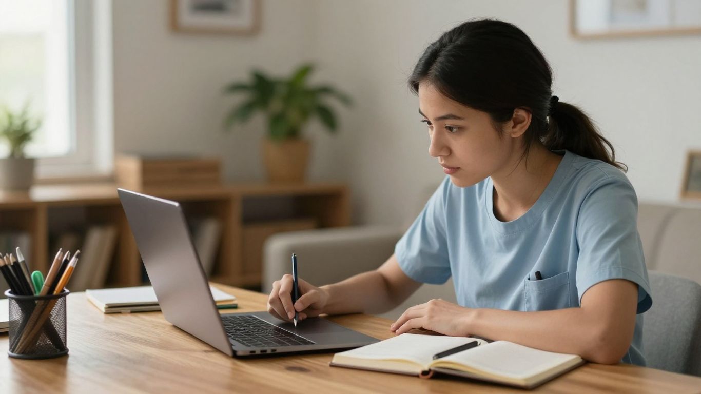 Healthcare student studying on a laptop