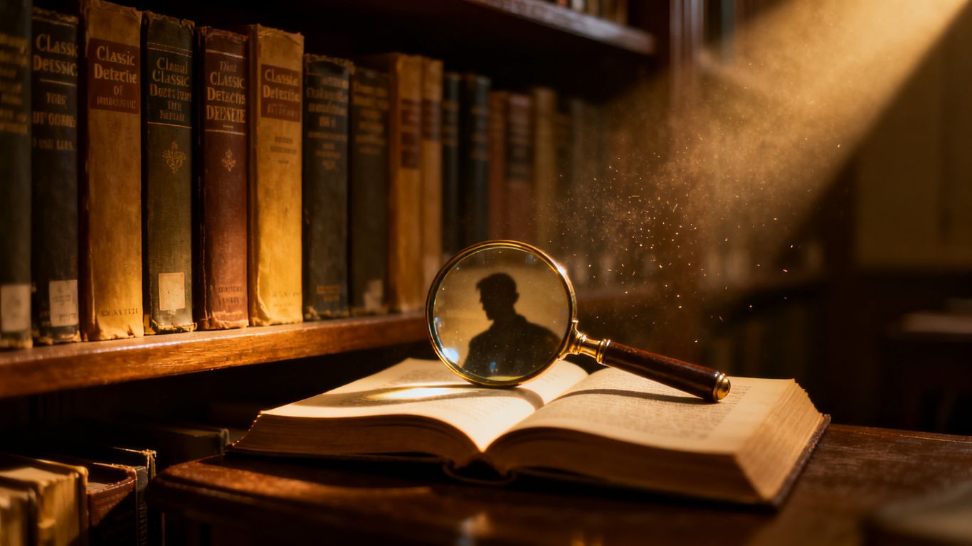 Detective novels on a shelf with a magnifying glass.