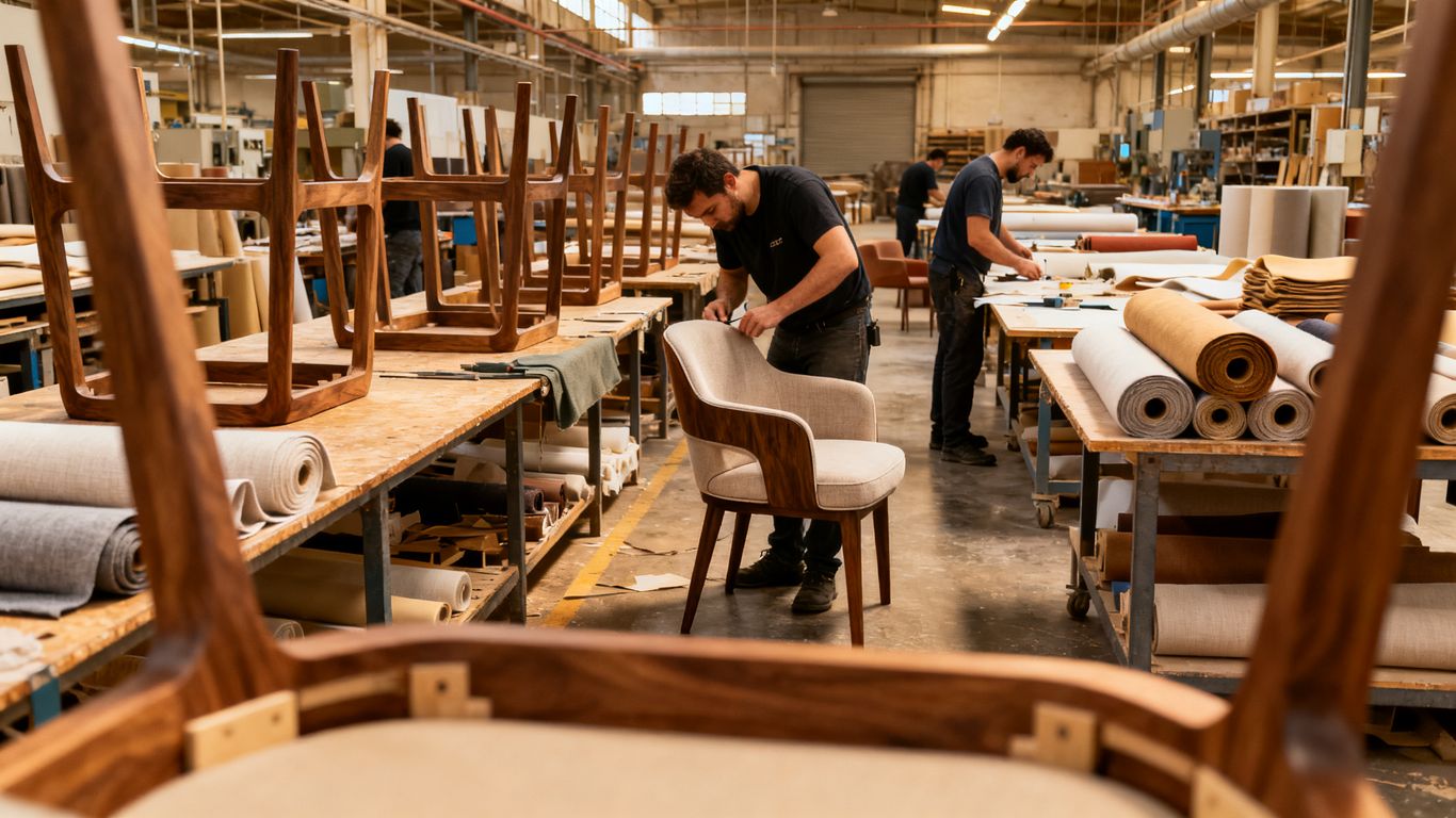 Custom furniture manufacturing in Foshan Factory workspace with furniture prototypes in Foshan China