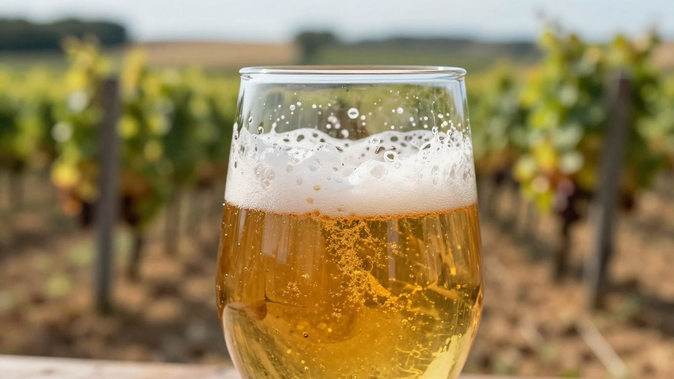 Frothy craft beer in a glass with vineyard background