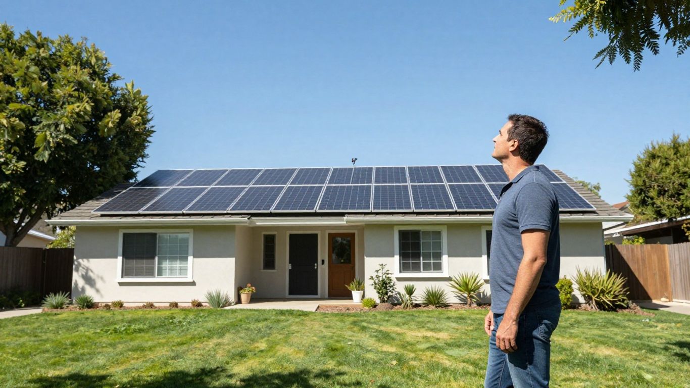 California home with solar panels, homeowner contemplating.