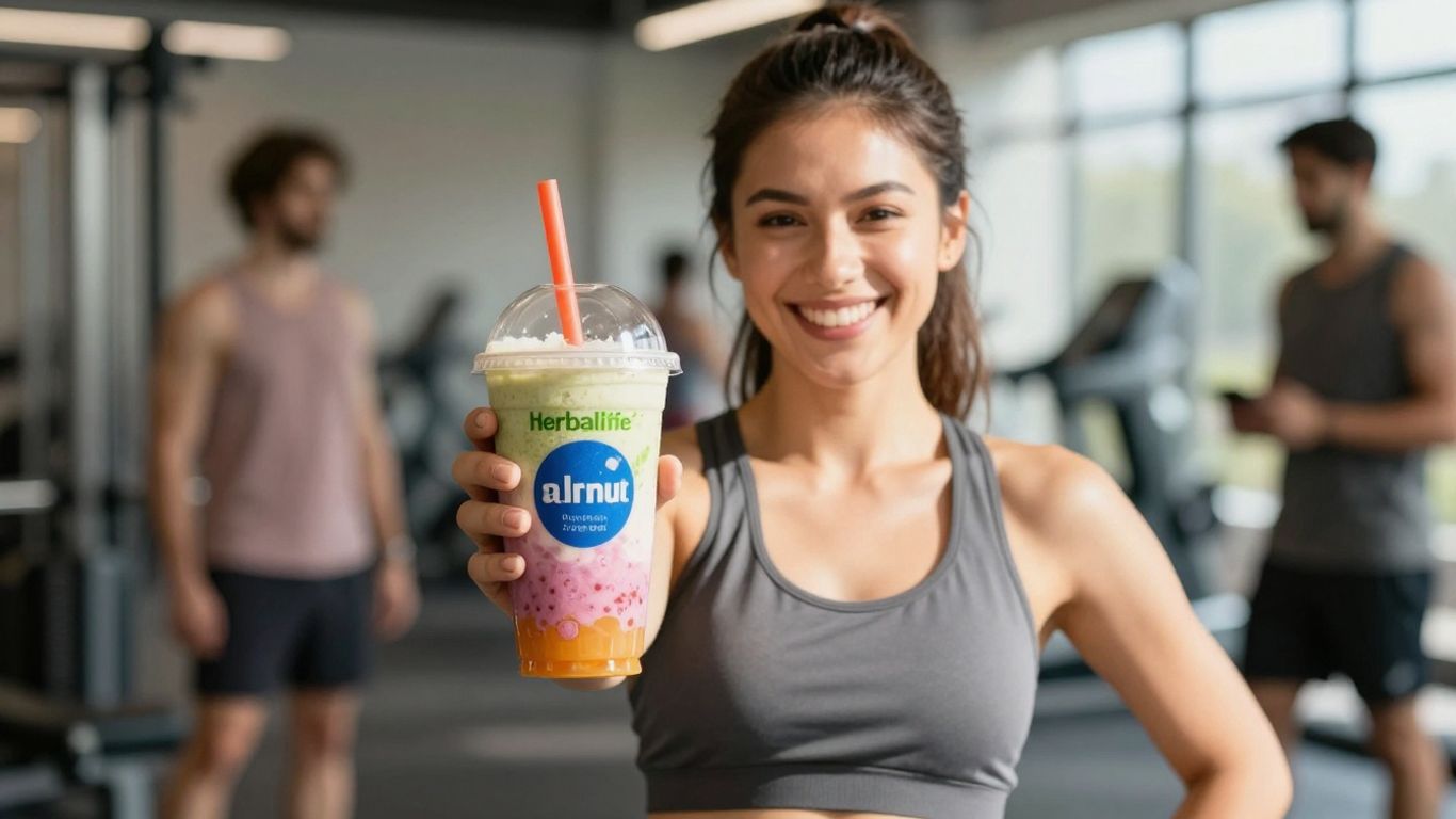 Person holding a Herbalife protein shake in a fitness setting.