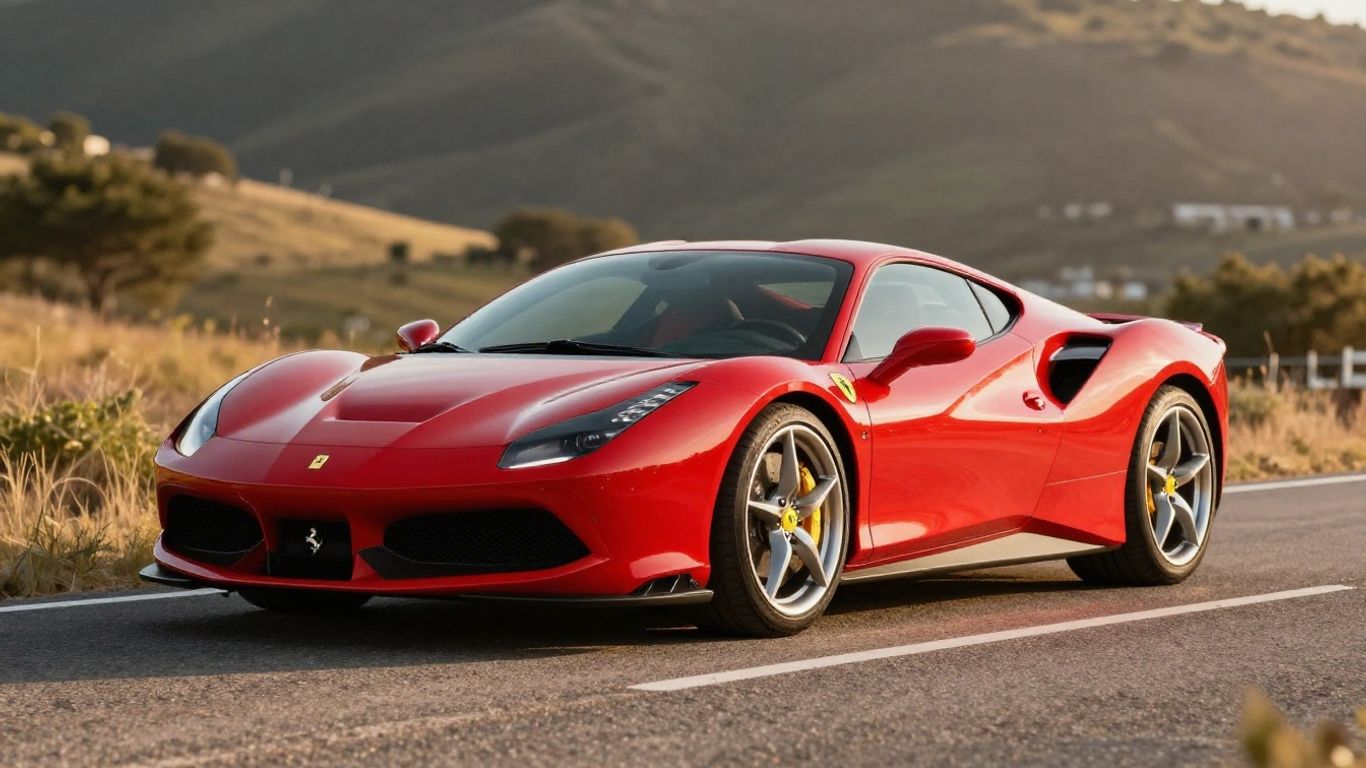 Red Ferrari Roma parked on a scenic road.