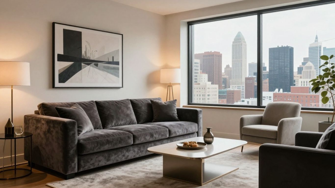 Chic Chicago Airbnb living room with city view.