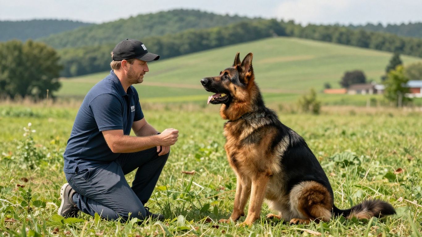 Dog obedience training in a natural outdoor setting.