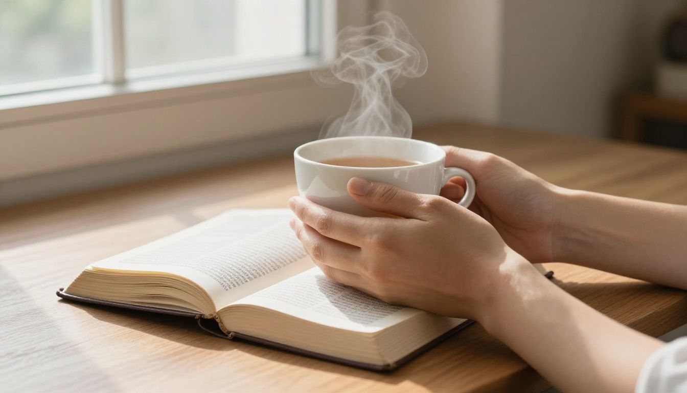 A person's hands gently holding a warm cup of tea, resting on an open Bible on a wooden table, with soft morning light streaming through a window.