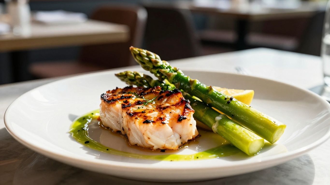 Gourmet seafood dish with asparagus at Oak and Vine.