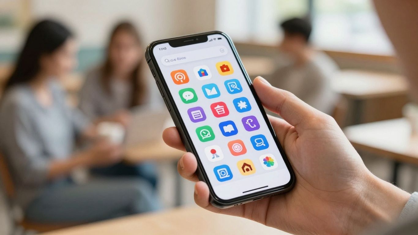 Pessoa usando celular com ícones de aplicativos na tela.