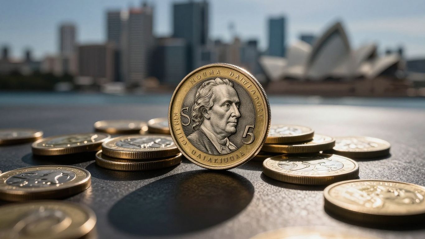 Australian dollar coins and Sydney cityscape