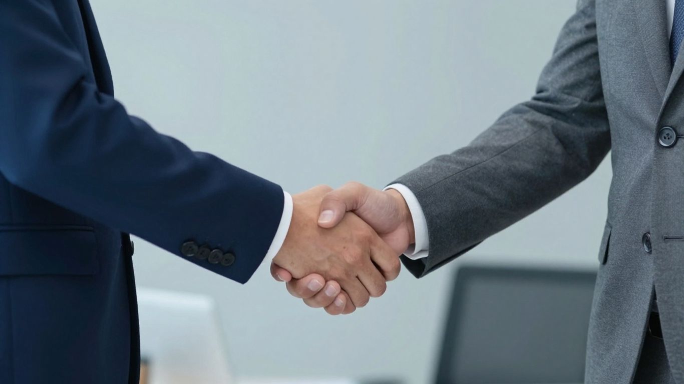 Zwei Geschäftsleute schütteln sich die Hände im Büro.