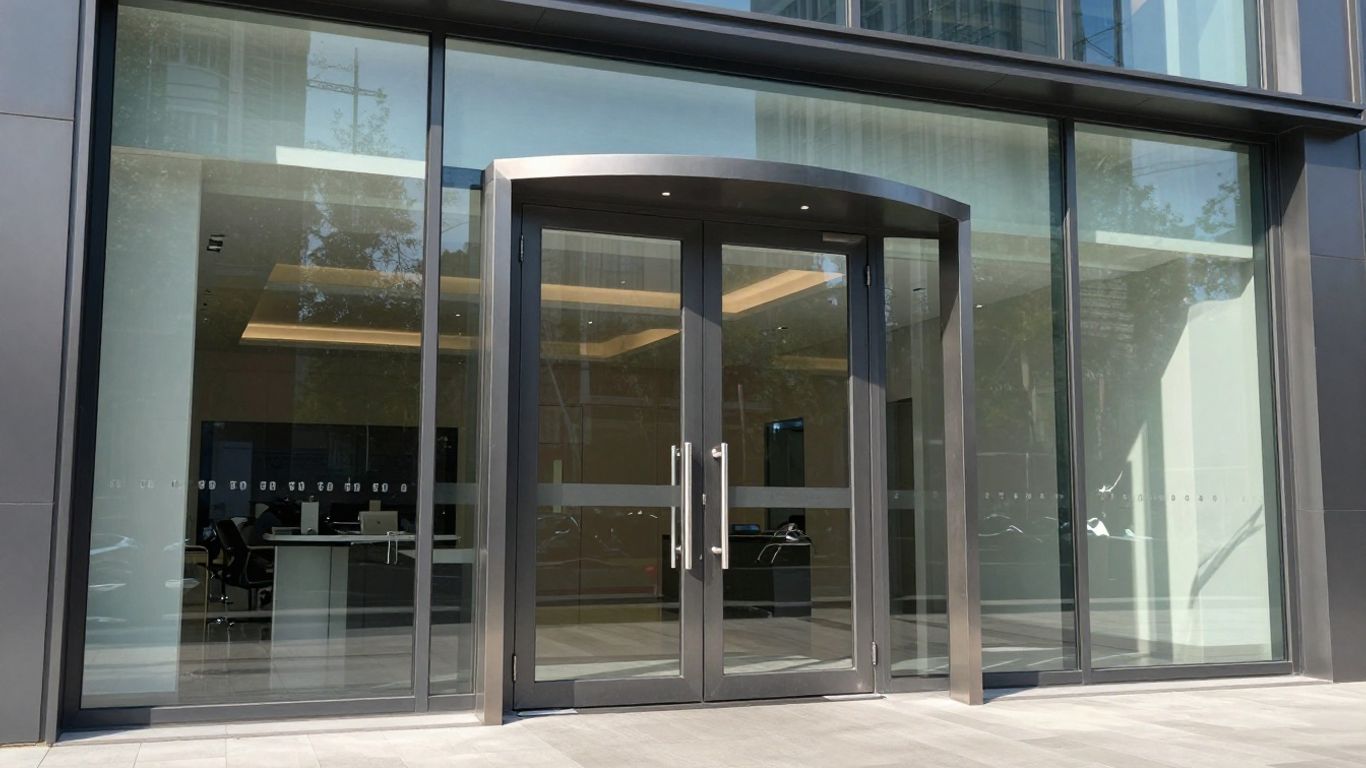 Modern commercial aluminium doors on a building facade.