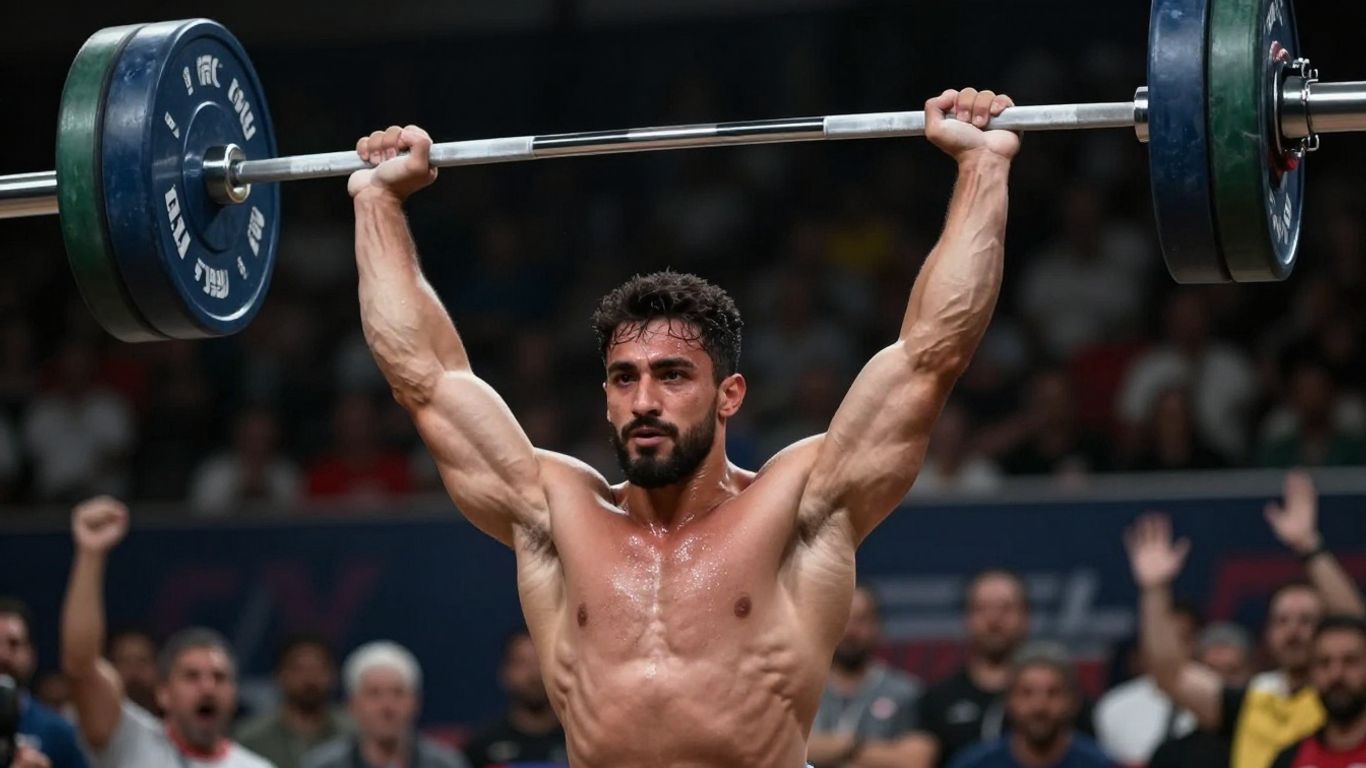 Halterofil ridicând o bară grea deasupra capului.