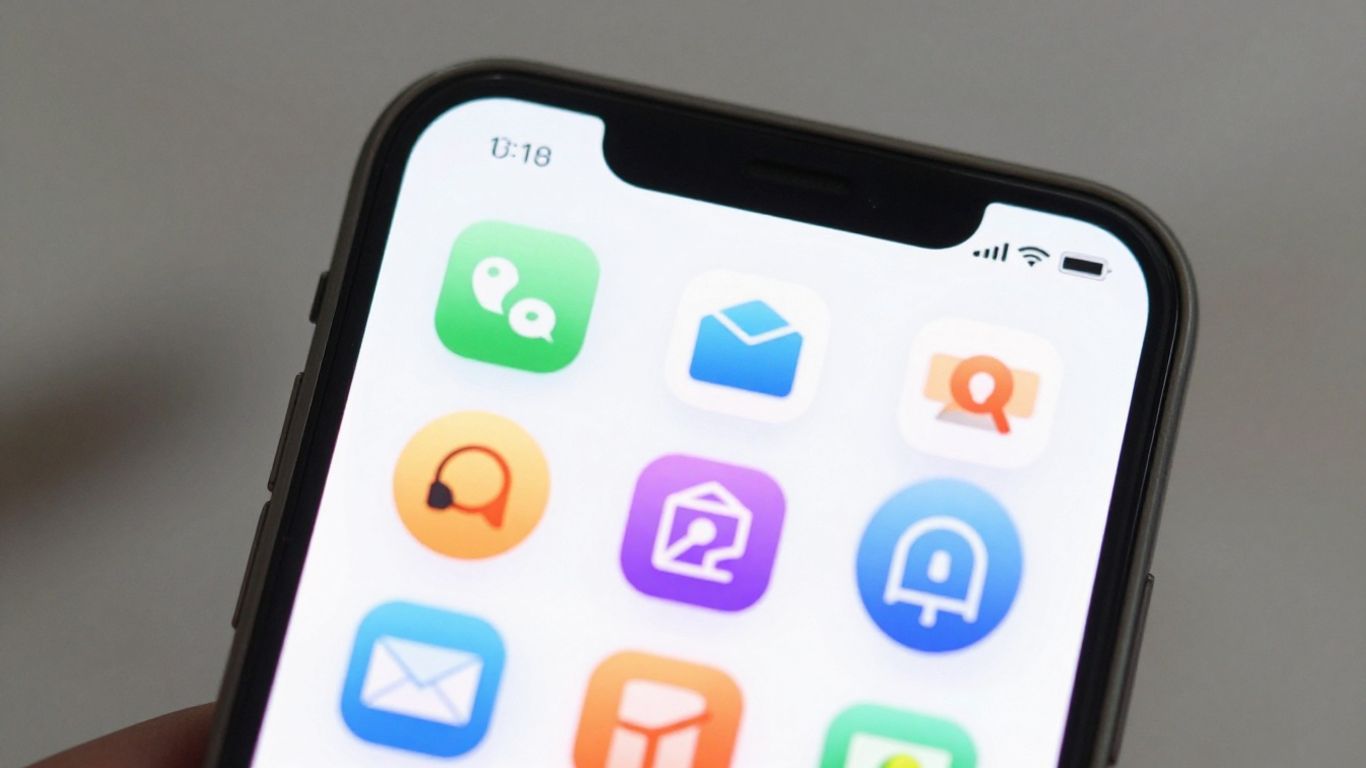 Tela de celular com ícones de aplicativos coloridos e modernos.