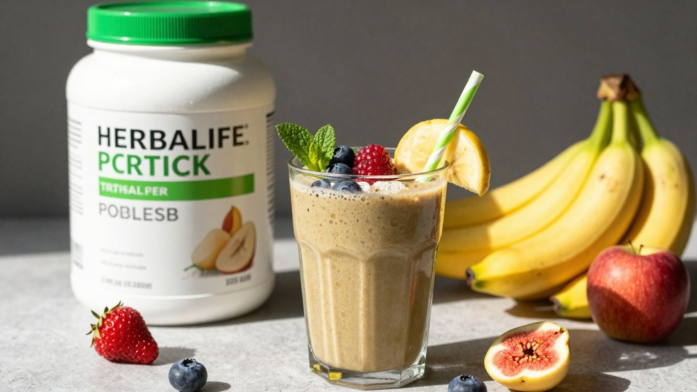 Herbalife shake and protein powder with fresh fruits.