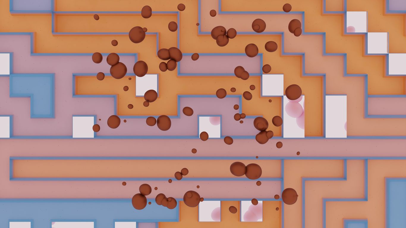 Brown splatters on a pixelated orange and blue background.