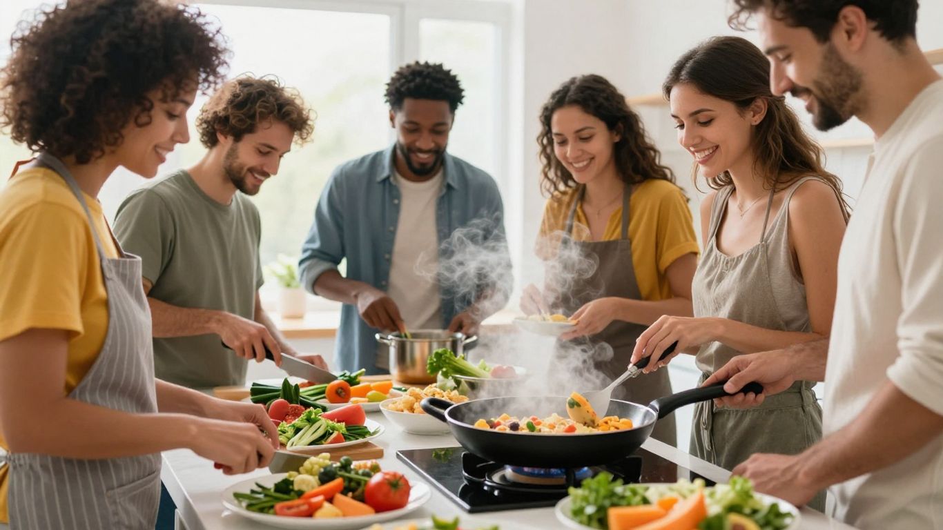 Menschen lernen gemeinsam kochen in einem hellen Küchenambiente.