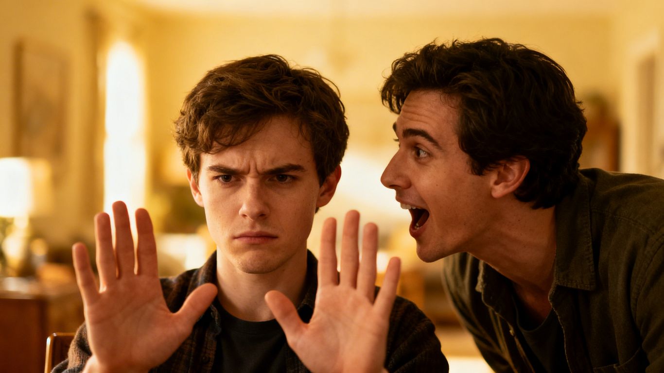 Person stopping unsolicited dating advice from another.