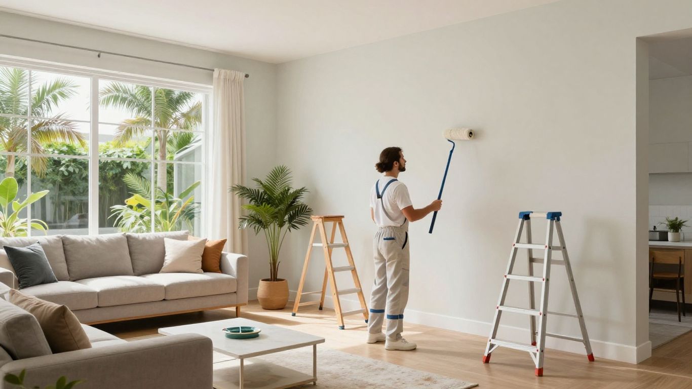 Painter working on walls in a bright modern Orlando home.