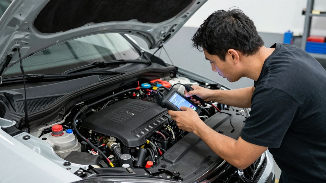 Technician reading vehicle diagnostic data