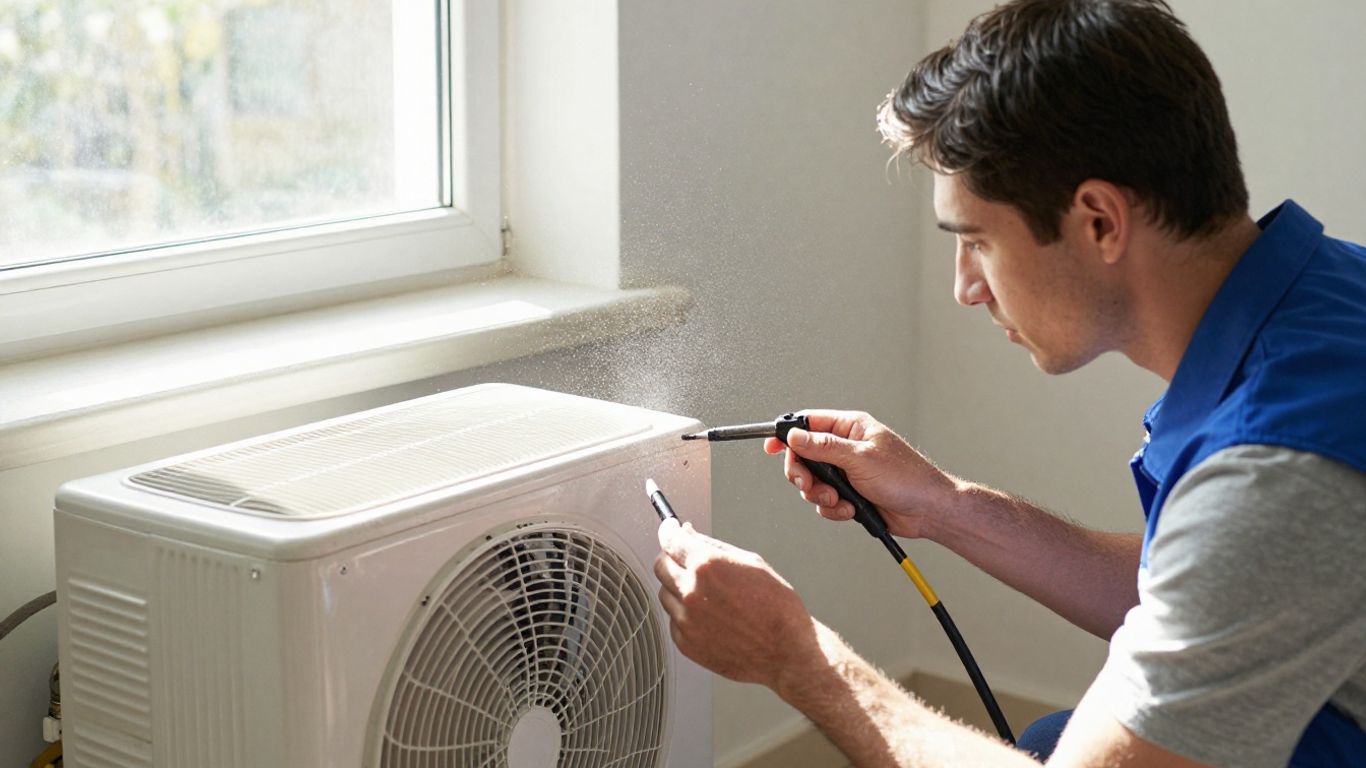 HVAC technician performing a spring tune-up on a home furnace.