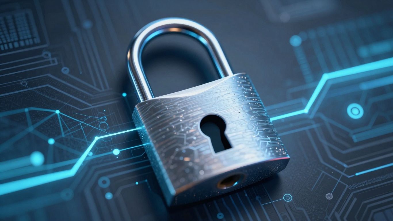 Digital padlock on glowing network lines