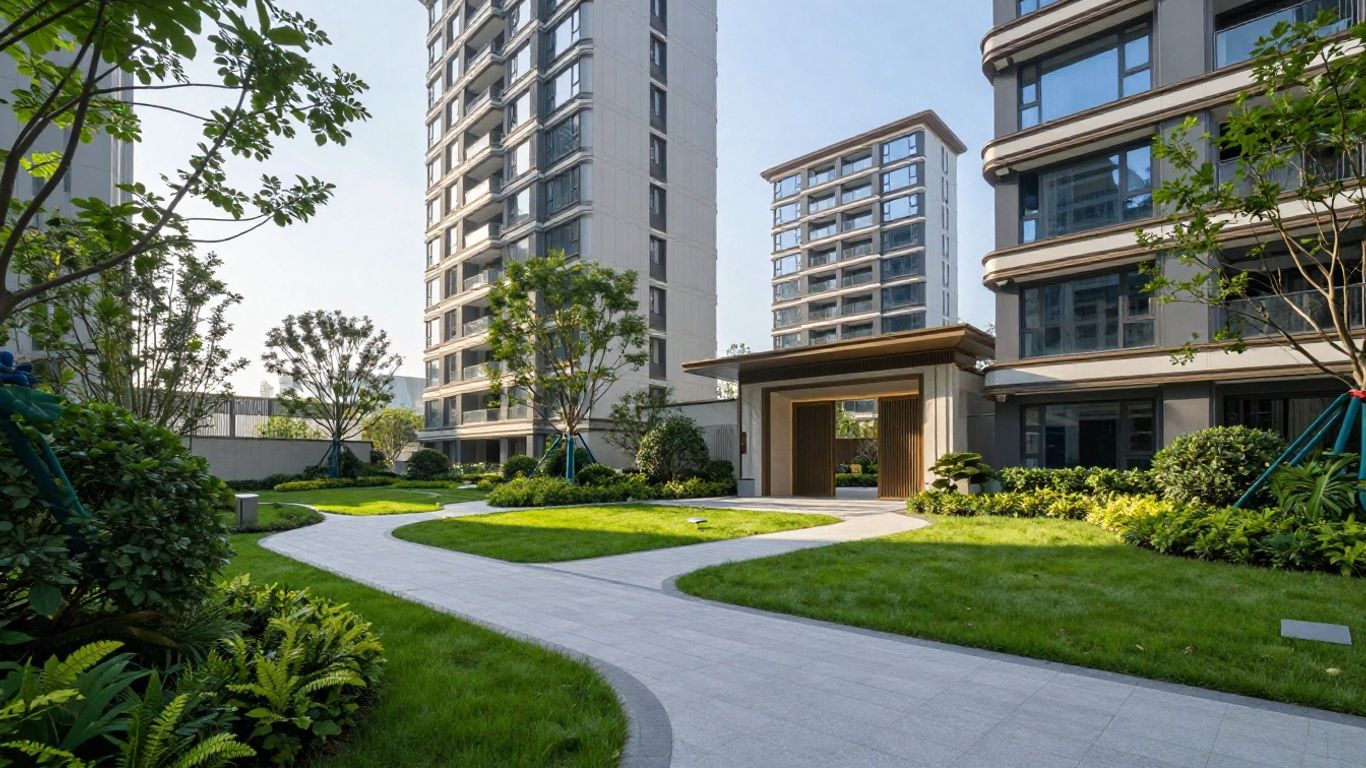 Complex rezidențial modern cu verdeață și alei.