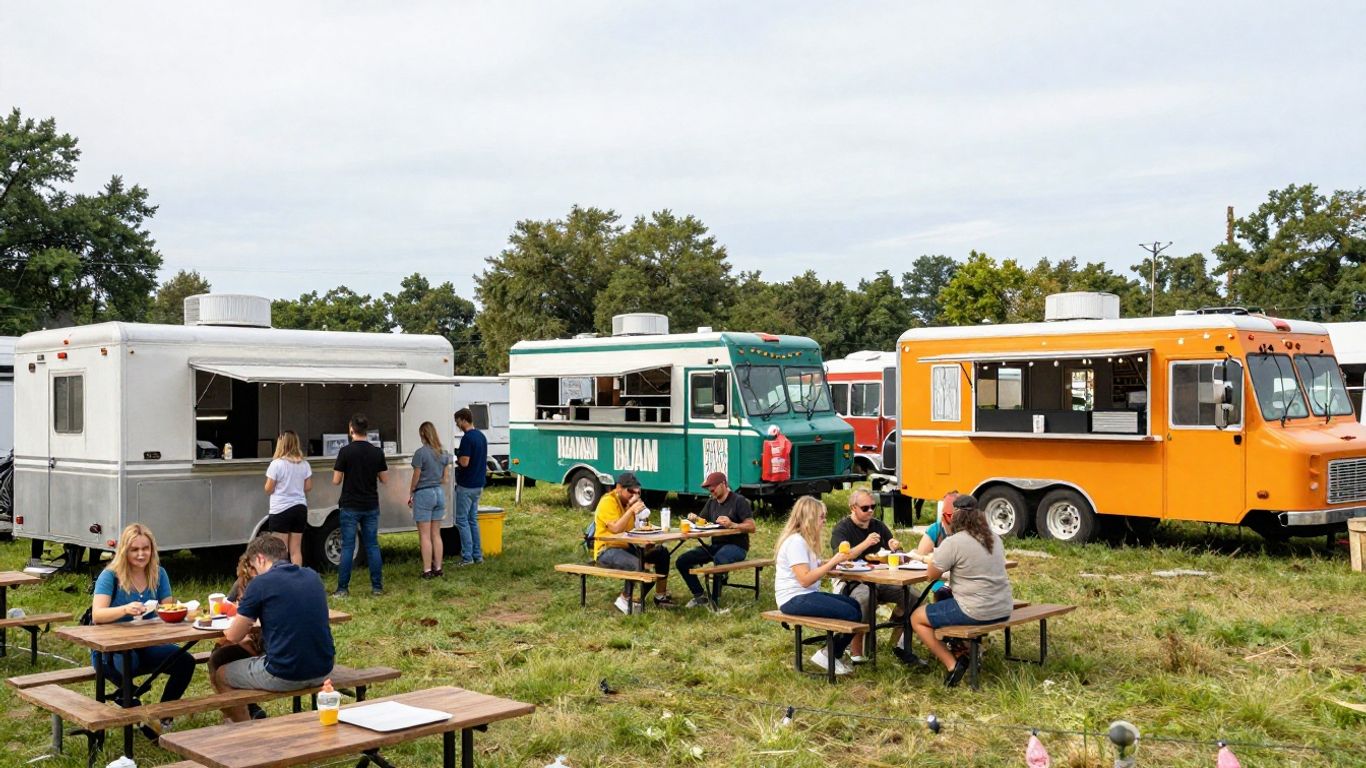 Food trucks parked at an outdoor park with people eating.