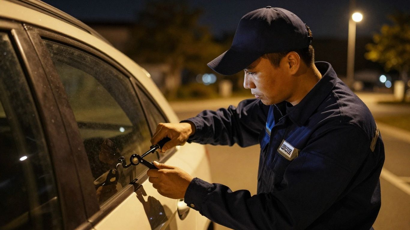 Locksmith fixing car door lock at night.
