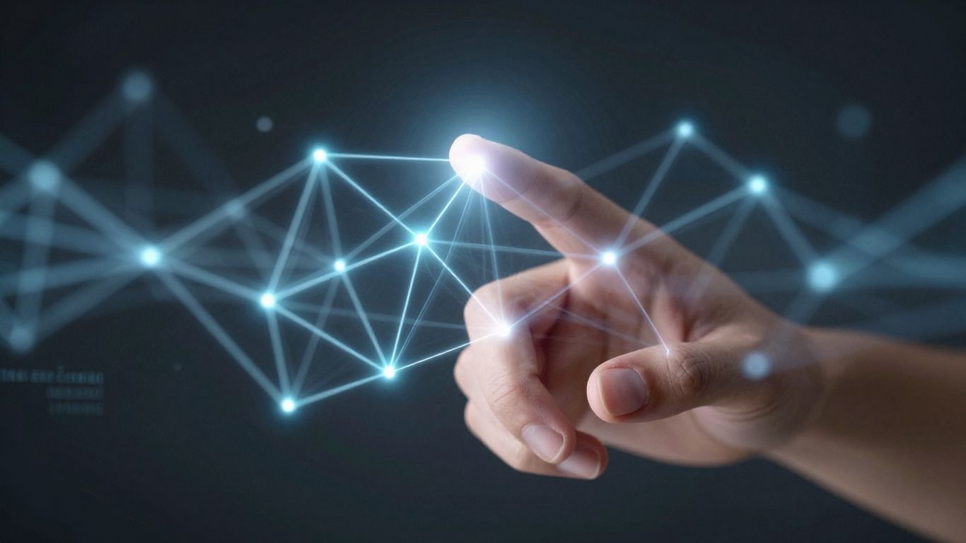 Human hand touching a glowing AI network.