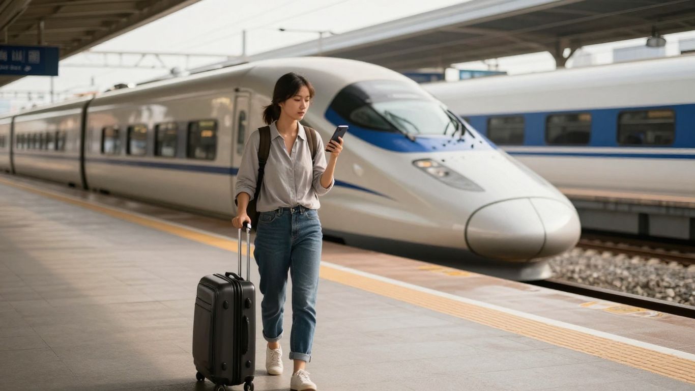 A traveler checking a rail itinerary near platforms