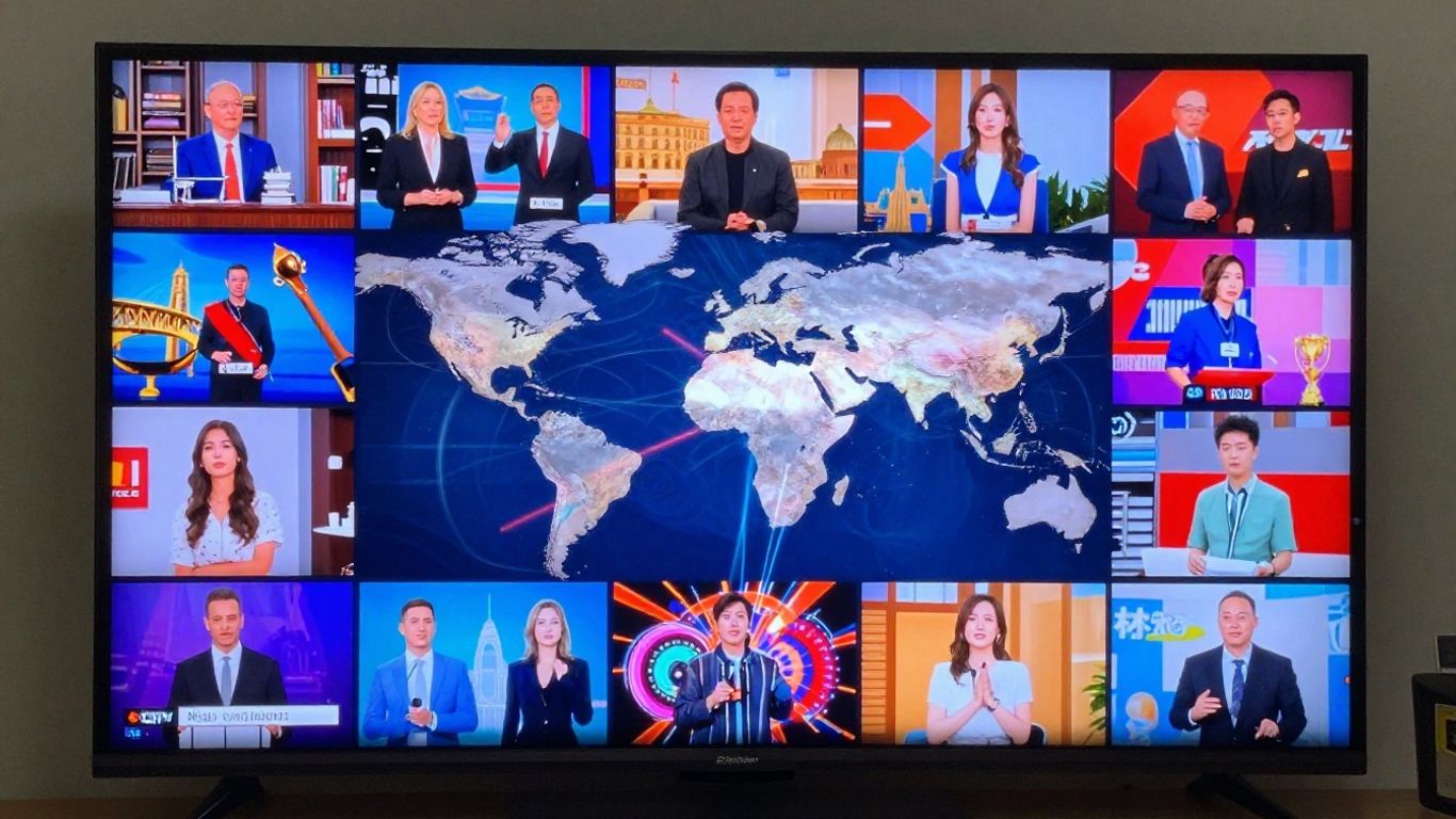 Global entertainment on a vibrant TV screen.