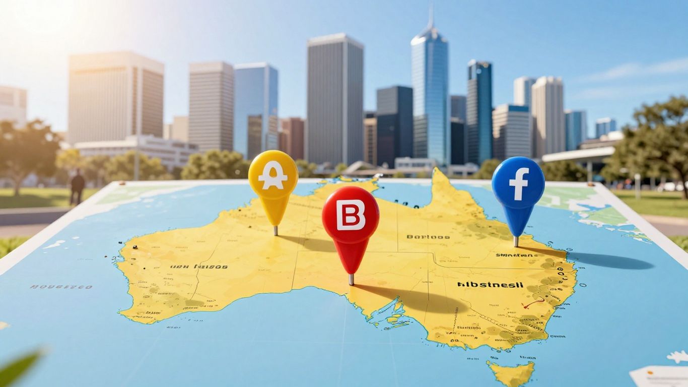 Google Maps pins on Australian map, cityscape background.