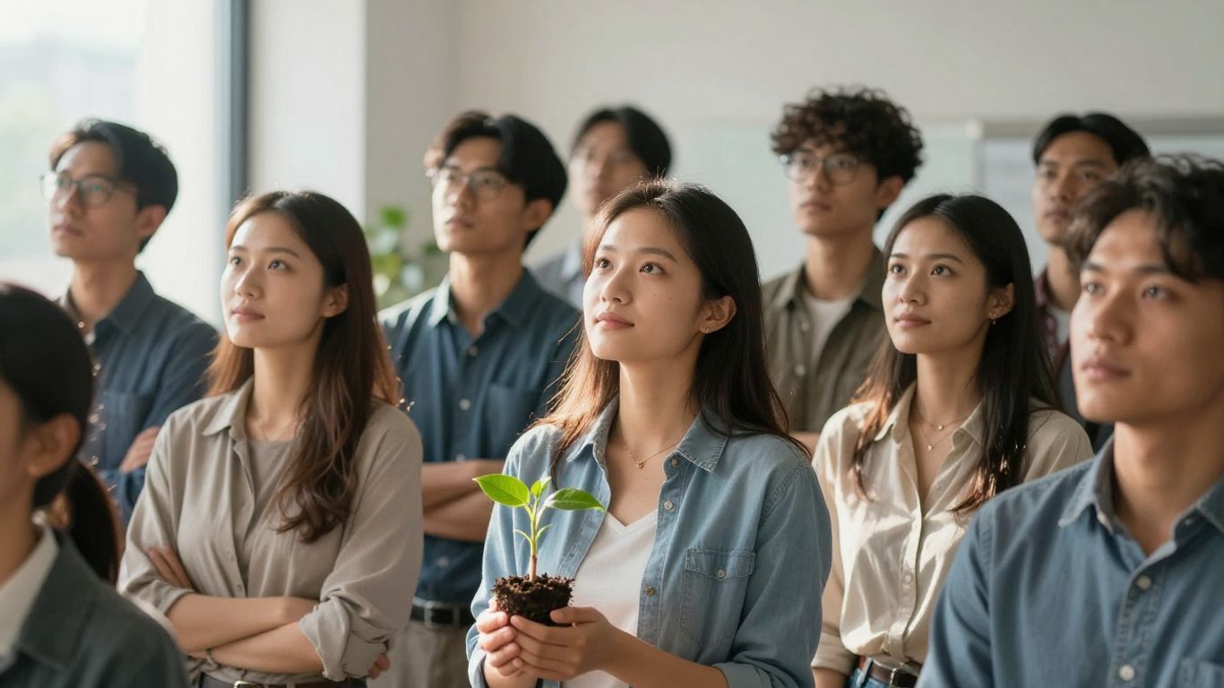 People looking hopeful in a sunlit room.