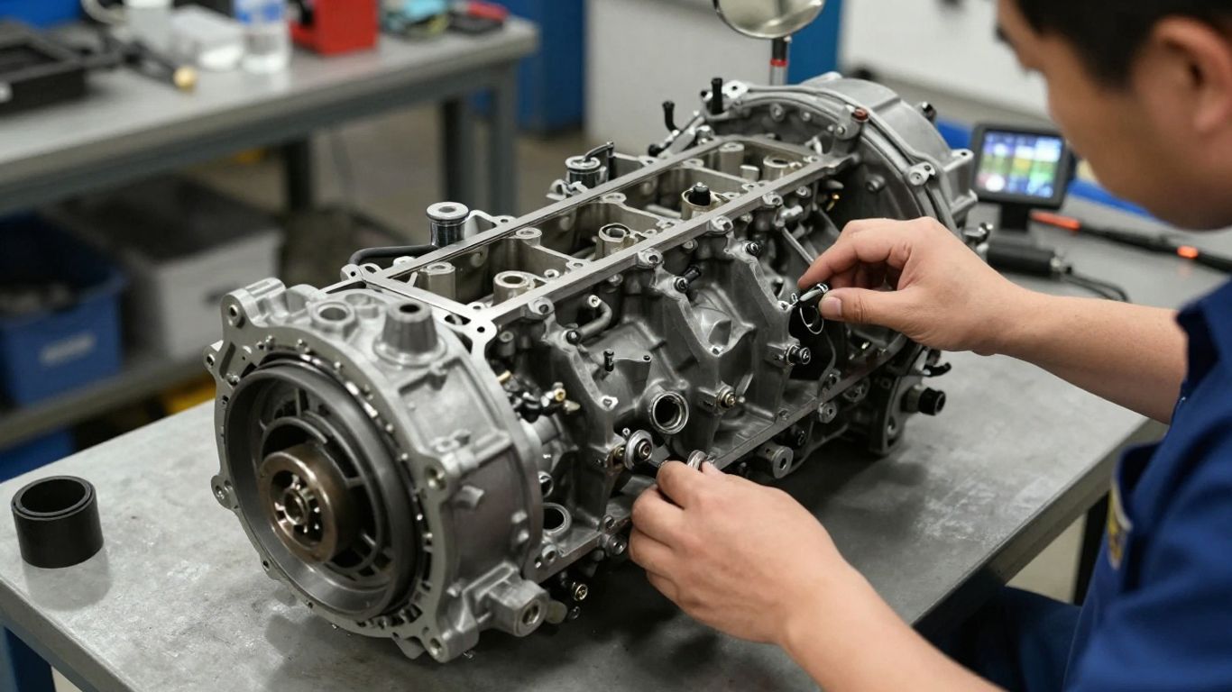 Mechanic inspecting Subaru drivetrain components