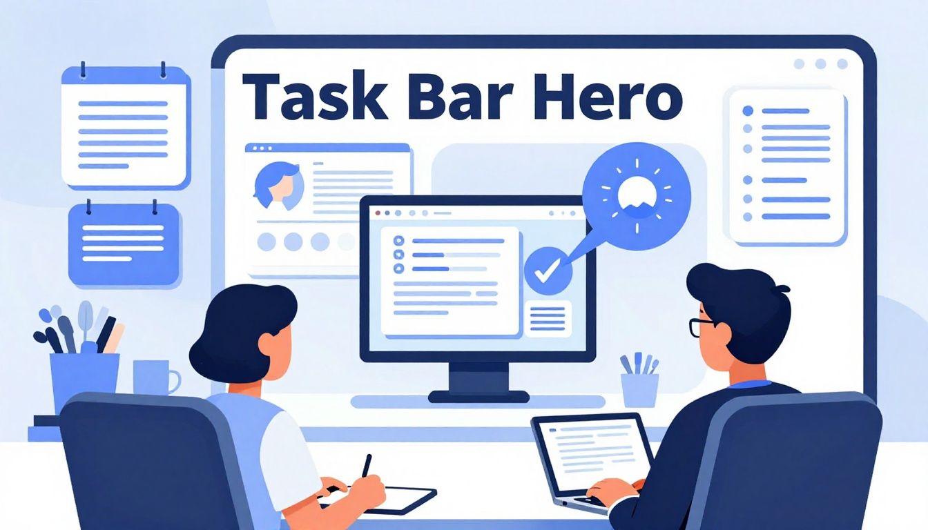Capa ilustrando o universo colorido e criativo de TBH: Task Bar Hero, mostrando personagens interagindo com elementos de interface de computadores e tarefas em andamento